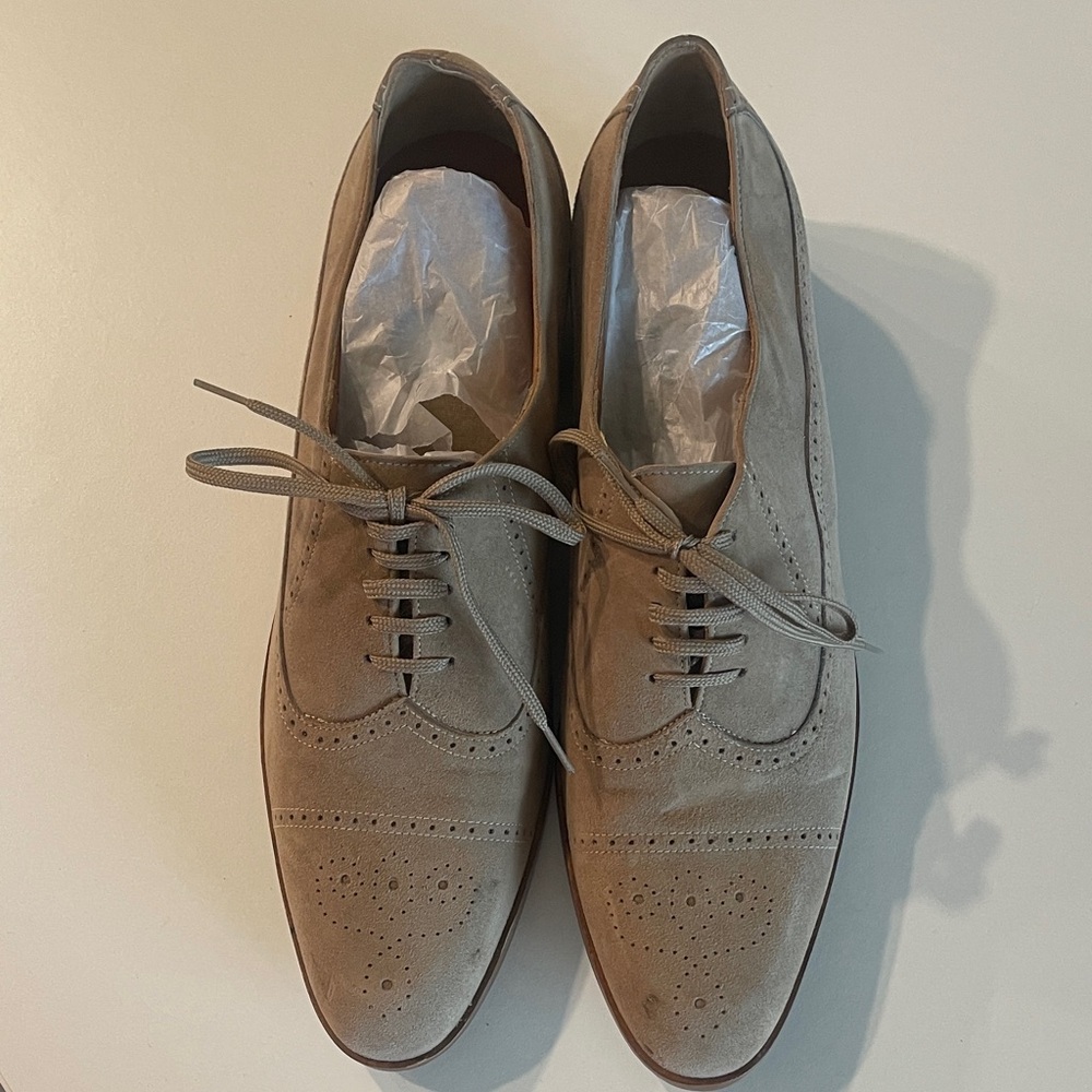 Salvatore Ferragamo Tan Brogue Low heel lace up suede shoes.
